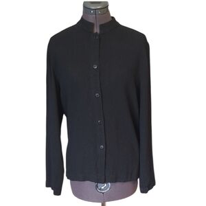 M Eileen Fisher Linen Blend Black Button Down Shirt Mandarin Collar